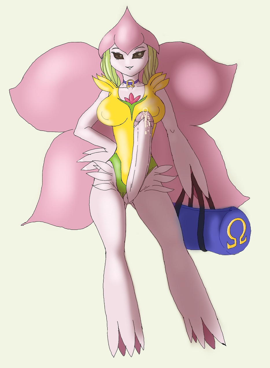 1futa 4_wings bag breasts brown_eyes choker clothes color dark-moltres digimon digimon_(species) erection fairy fairy_wings flower_petals front_view futa_only futanari green_hair hair hand_on_hip holding intersex lilamon looking_at_viewer multi_wing open_eyes penis petal_wings petals pink_skin plant precum pussy rule34 solo solo_futa standing vulva wings