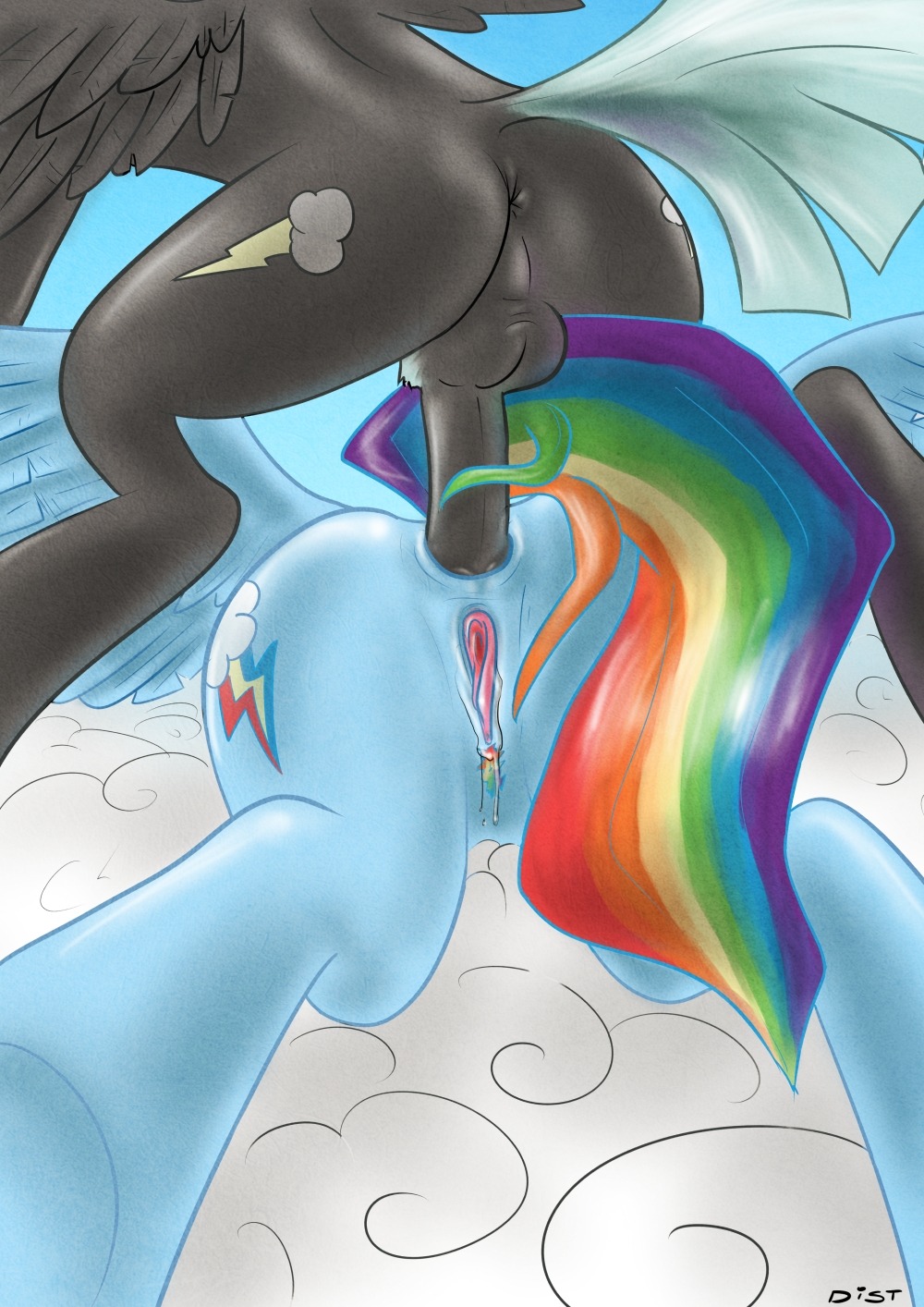 2013 anal anal_penetration anus ass_up backsack balls black_body black_fur blue_body blue_feathers blue_fur bodily_fluids butt cloud cutie_mark distoorted duo e621 equid equine erection feathered_wings feathers female female_penetrated feral feral_on_feral friendship_is_magic from_behind_position fur genital_fluids genitals hasbro hi_res lying male male/female male_penetrating male_penetrating_female mammal multicolored_tail my_little_pony mythological_creature mythological_equine mythology nude on_front outside pegasus penetration penis rainbow_dash_(mlp) rainbow_tail sex sky tail thunderlane_(mlp) vaginal_fluids vulva wings