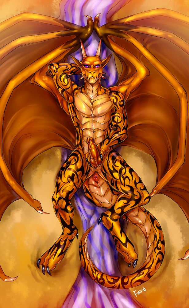 2010 animal_genitalia anthro anus biped dragon e621 erection fudchan genital_slit genitals knot looking_at_viewer lying male markings membrane_(anatomy) membranous_wings mythological_creature mythological_scalie mythology nude on_back orange_theme penis presenting presenting_penis purple_eyes restricted_palette scalie solo tail wings