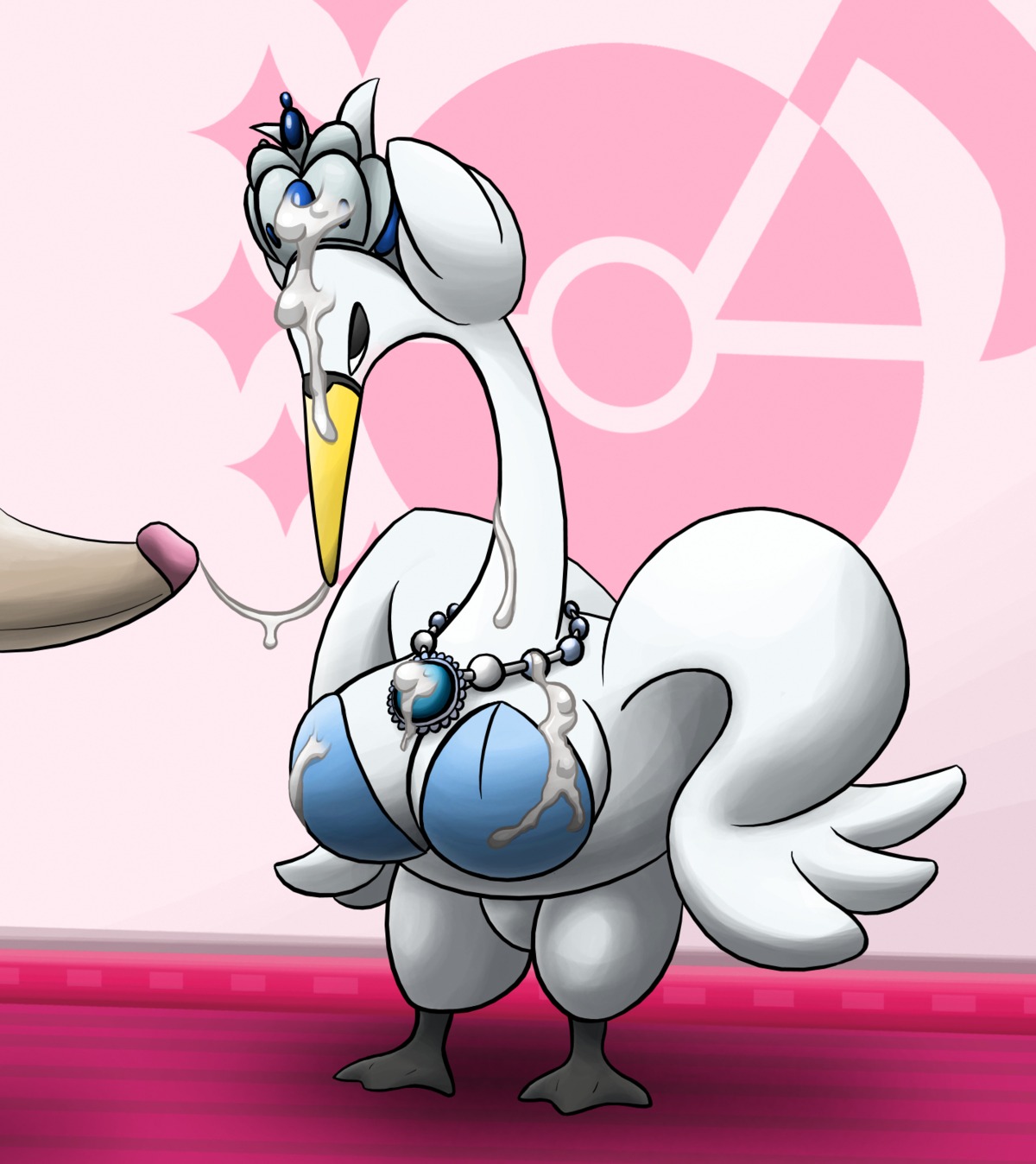 avian beak big_breasts bird bodily_fluids breasts crown cum cum_covered cum_on_beak cum_string duo e621 erection excessive_cum excessive_genital_fluids female female_focus generation_5_pokemon genital_fluids genitals headgear hi_res human humanoid_genitalia humanoid_penis interspecies jewelry male male/female mammal messy nintendo ole penis pokemon pokemon_(species) pokephilia sex solo_focus standing swanna tail