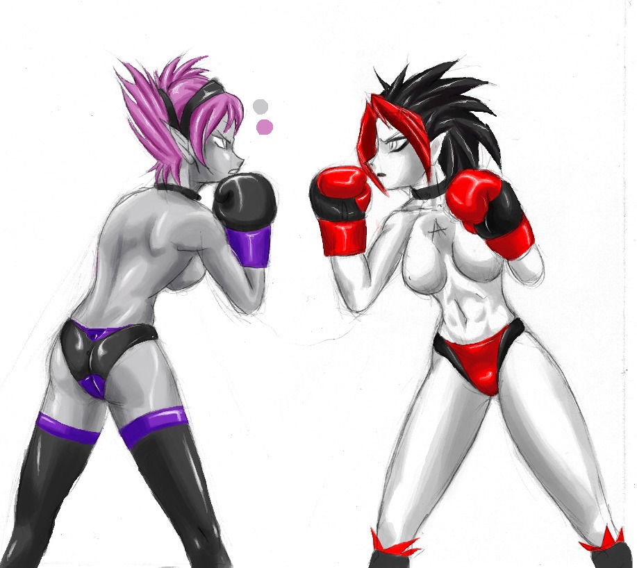 2girls abs argent_(dc) ass back back_view backboob black_boxing_gloves black_gloves black_hair boxing boxing_gloves boxing_stance breasts choker collar dc dc_comics duo eye_contact female female_only footwear gloves goth grey_skin jinx_(dc) multiple_females multiple_girls panties pink_hair pointy_ears pugilismx red_hair rule34 short_hair simple_background stockings straight_hair teen_titans teeth thick thick_thighs thighhighs thighs topless topless_boxing two-tone_boxing_gloves two-tone_gloves two-tone_hair white_background wide_hips
