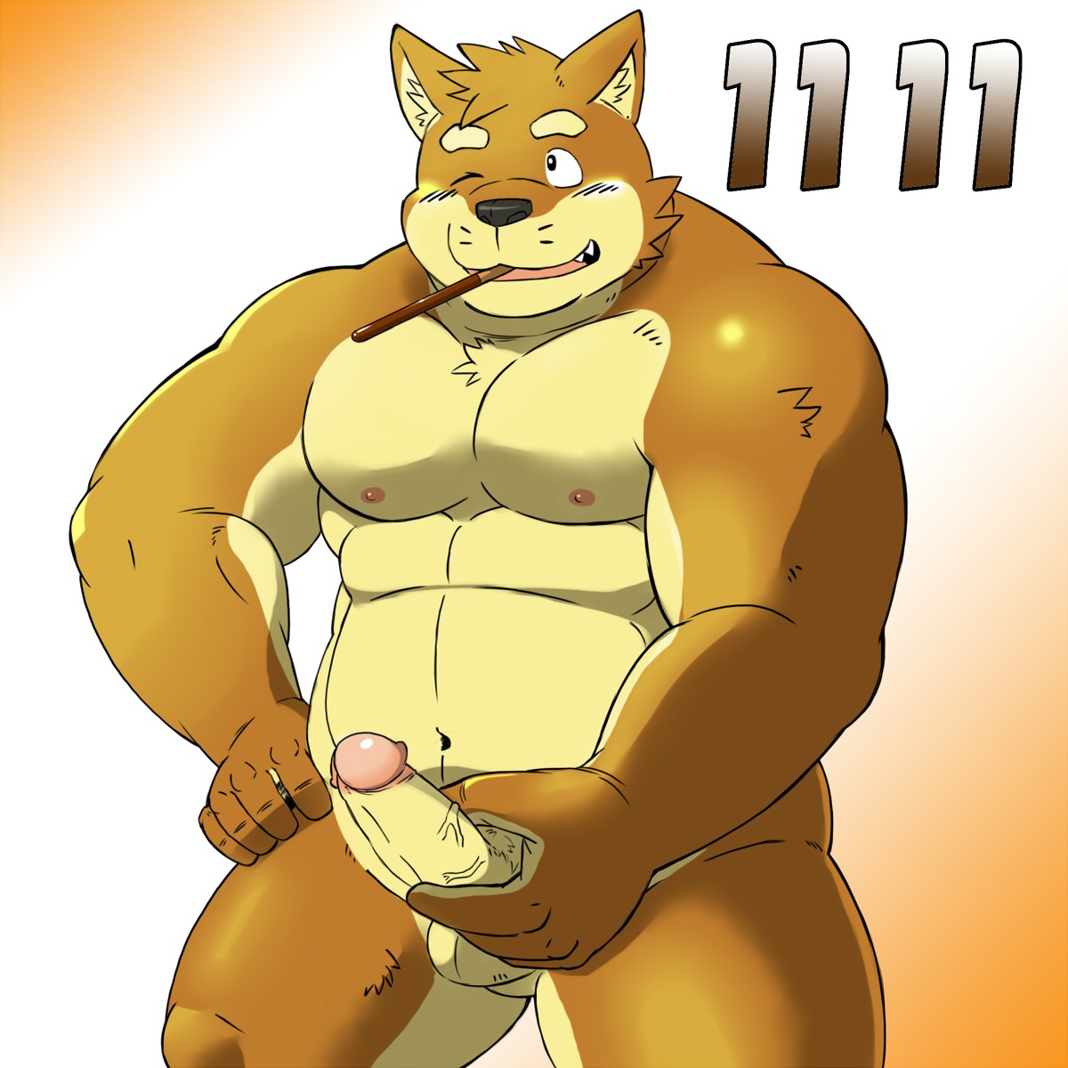 1:1 anthro balls biceps blush canid canine canis domestic_dog e621 erection food foreskin genitals hi_res humanoid_genitalia humanoid_penis kenta_shiba_(character) male mammal masturbation musclegut muscular muscular_anthro muscular_male navel pecs penile penile_masturbation penis pocky pocky_and_pretz_day presenting retracted_foreskin shiba-kenta shiba_inu slightly_chubby smile solo spitz vein