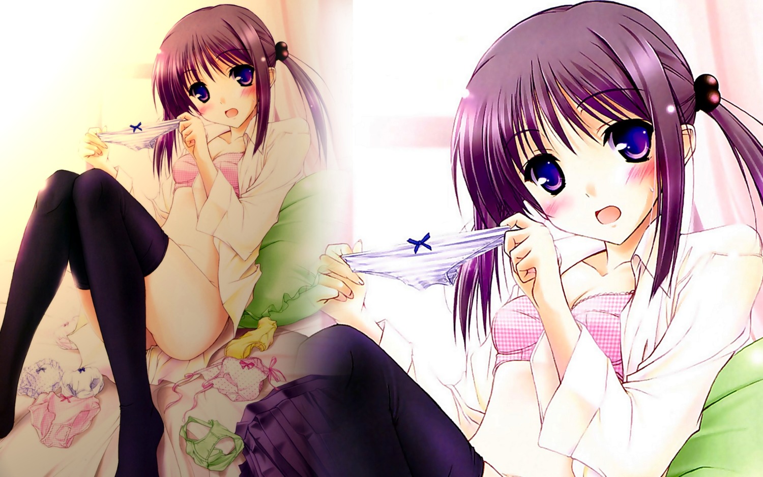 bottomless bra breasts female highres lingerie open_clothes open_shirt panties purple_eyes rule34 shirt solo underwear wallpaper wallpaper_for_the_brave