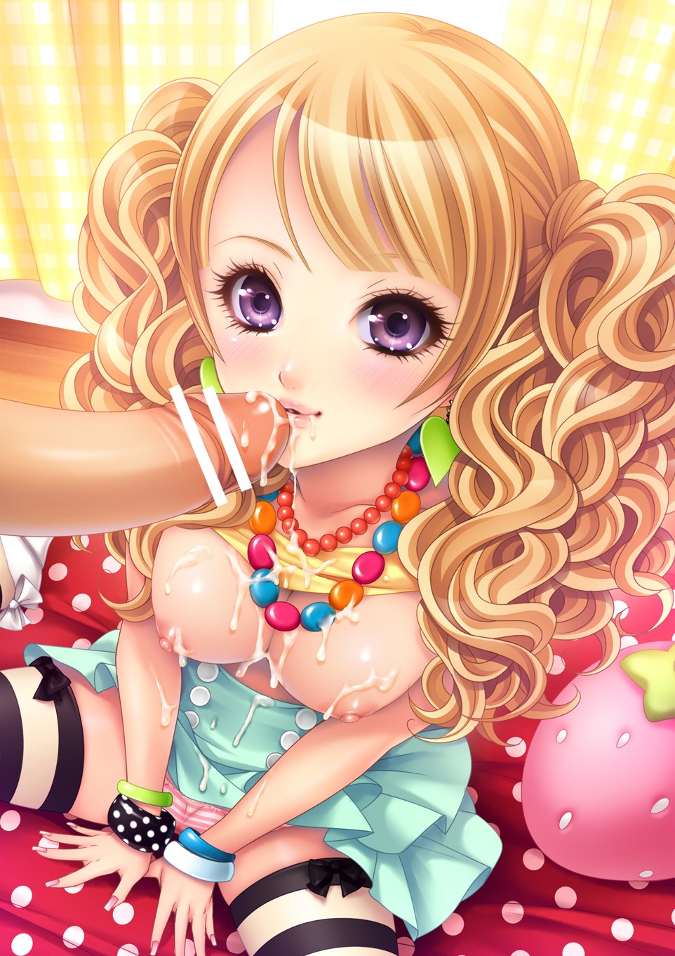 blonde_hair blush bracelet breasts censored cum cum_in_mouth cum_on_body cum_on_breasts cum_on_clothes cum_on_lower_body cum_on_upper_body curly_hair facial female hi_res high_resolution highres jewelry large_breasts long_hair male momoi_komomo nail_polish necklace nipples original panties penis pointless_censoring purple_eyes rule34 sitting skirt smile striped striped_legwear striped_panties striped_thighhighs thighhighs tied_hair topless twintails underwear