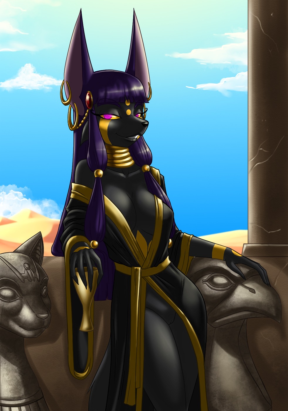 accipitrid accipitriform anthro anubian_jackal avian bast beak bird bottomless breasts canid canine canis cleavage clothed clothing container crovirus cup deity desert domestic_cat e621 ear_piercing egyptian_mythology felid feline felis female genitals glowing glowing_eyes goblet hi_res horus jackal jewelry looking_at_viewer mammal middle_eastern_mythology mythology necklace piercing purple_eyes robe seshafi skimpy smile solo vulva wide_hips yellow_sclera