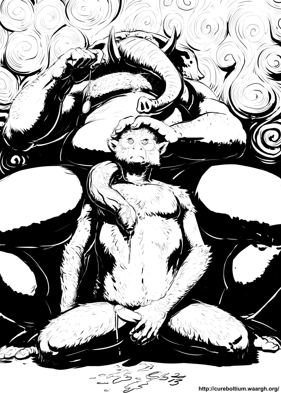 2013 anthro black_and_white bodily_fluids clock cum cureboltium digital_media_(artwork) duo e621 elephant elephantid erection foreskin genital_fluids genitals haplorhine hi_res humanoid_genitalia humanoid_penis hypnosis jewelry kneeling male male/male mammal masturbation mind_control monkey monochrome nipples overweight overweight_male partially_retracted_foreskin pendant penile penile_masturbation penis pocketwatch precum primate proboscidean proboscis_(anatomy) submissive submissive_male trunk_(anatomy) tusks watch