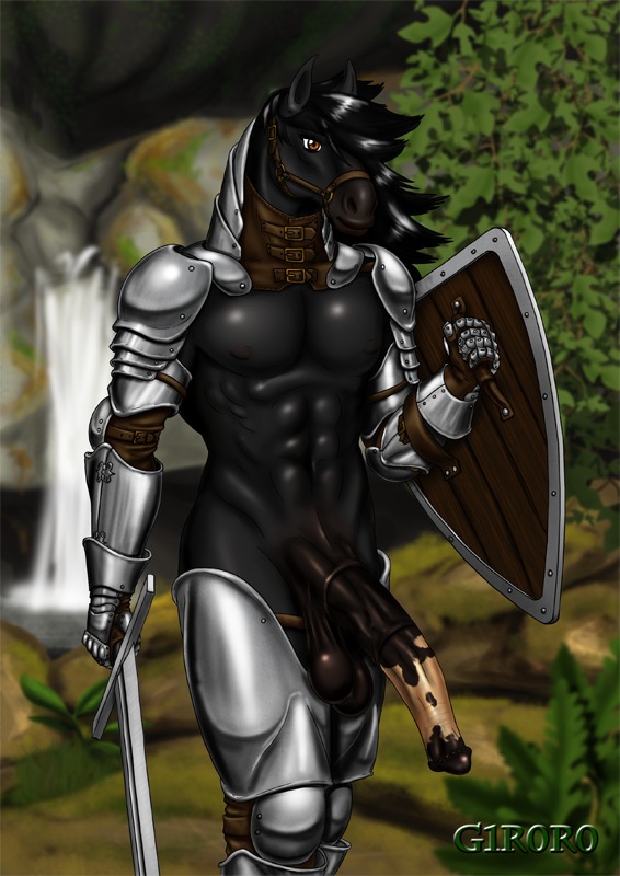 abs animal_genitalia animal_penis anthro armor armor_only athletic athletic_anthro athletic_male balls biceps big_penis black_balls black_hair bottomless bottomless_anthro bottomless_male bracers bridle brown_eyes clothed clothing digital_media_(artwork) e621 equid equine equine_genitalia equine_penis exposed_balls fur g1r0r0 gauntlets genitals gloves grass greaves hair half-erect handwear heater_shield horse huge_penis long_penis longsword male mammal mane medial_ring melee_weapon moss mostly_nude_anthro mostly_nude_male mottled mottled_genitalia mottled_penis muscular muscular_anthro muscular_male nipples pauldron pecs penis plant plate_mail pond presenting presenting_balls presenting_penis red_eyes rock saggy_balls shield solo sword thick_penis topless topless_anthro topless_male tree unconvincing_armor water waterfall weapon wood wood_shield