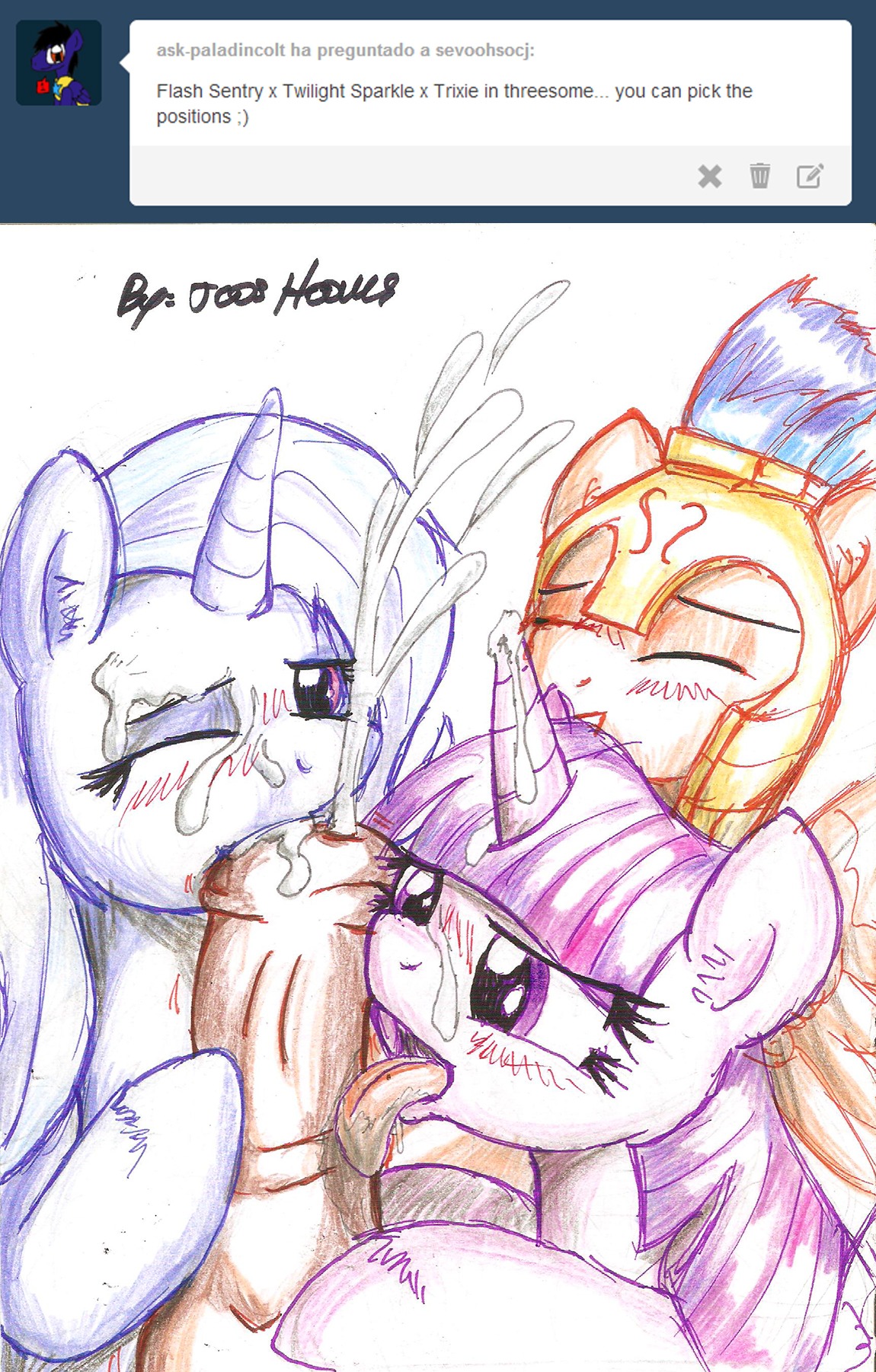 2014 animal_genitalia animal_penis armor blue_body blue_fur blush bodily_fluids conditional_dnp cum cum_in_hair cum_on_face e621 english_text equestria equid equine equine_genitalia equine_penis erection eyes_closed female feral flash_sentry_(mlp) friendship_is_magic fur genital_fluids genitals group hair hasbro headgear helmet hi_res horn jcosneverexisted licking male male/female mammal multicolored_hair my_little_pony mythological_creature mythological_equine mythology one_eye_closed oral penile penis penis_lick purple_body purple_eyes purple_fur purple_hair sex text tongue tongue_out trixie_(mlp) tumblr twilight_sparkle_(mlp) two_tone_hair unicorn