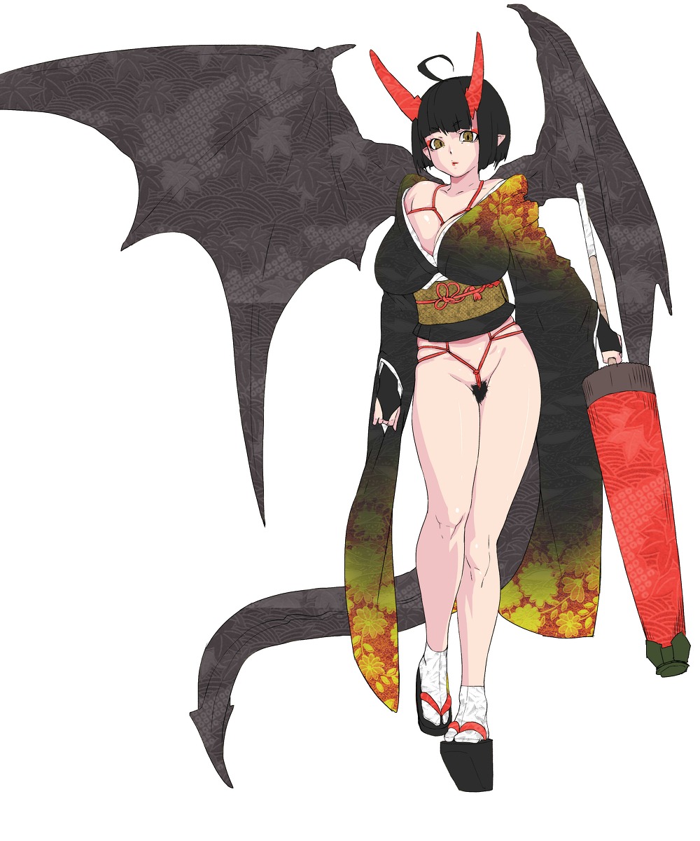 black_hair bondage breasts demon female hair horns japanese_clothes kimono large_breasts monster_girl oshiruko_(artist) oshiruko_(shiruko) pointy_ears rule34 shibari succubus