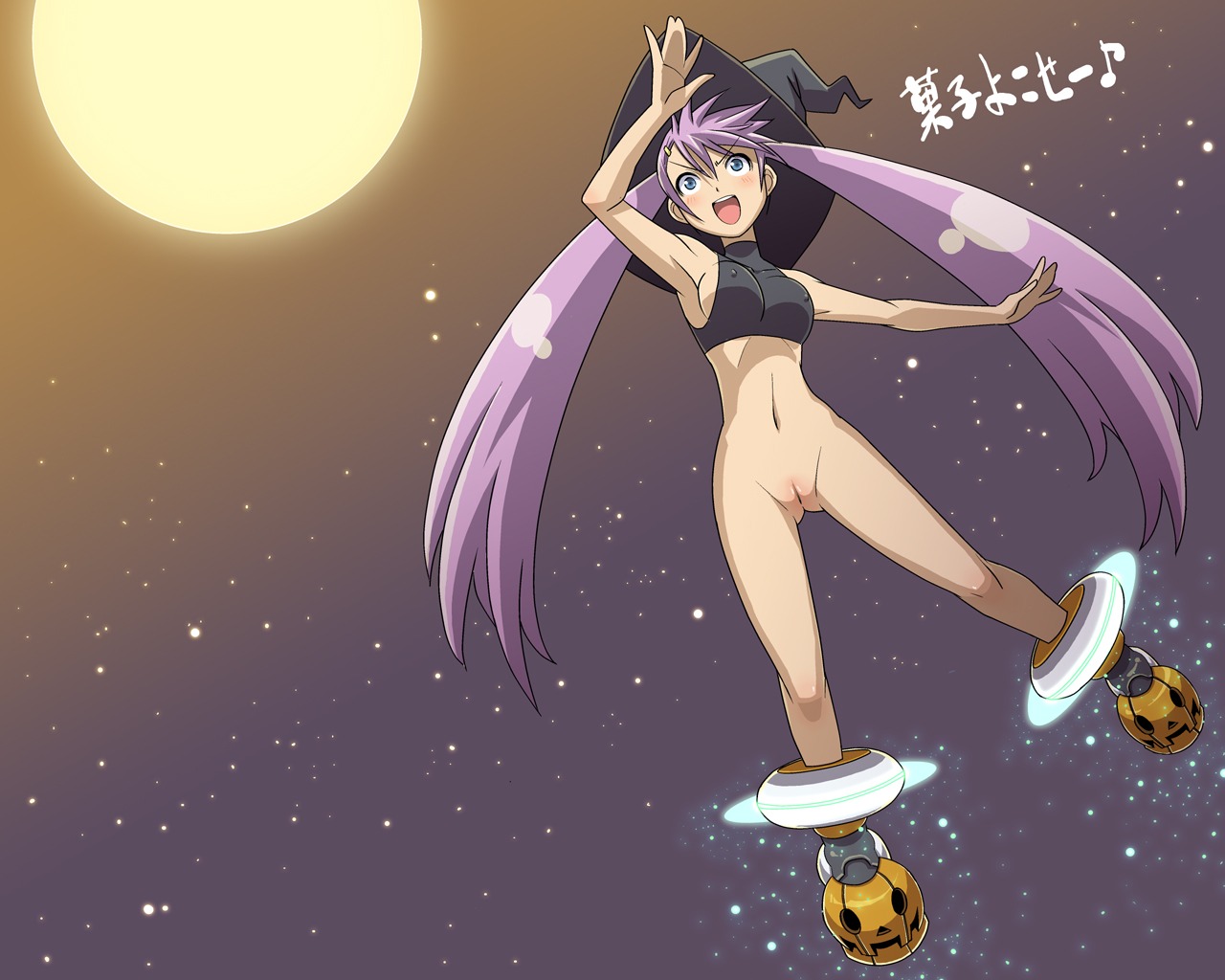 bottomless female haganemaru_kennosuke halloween moon night night_sky nipples original pumpkin purple_hair pussy rule34 short_twintails tied_hair twintails uncensored very_long_hair
