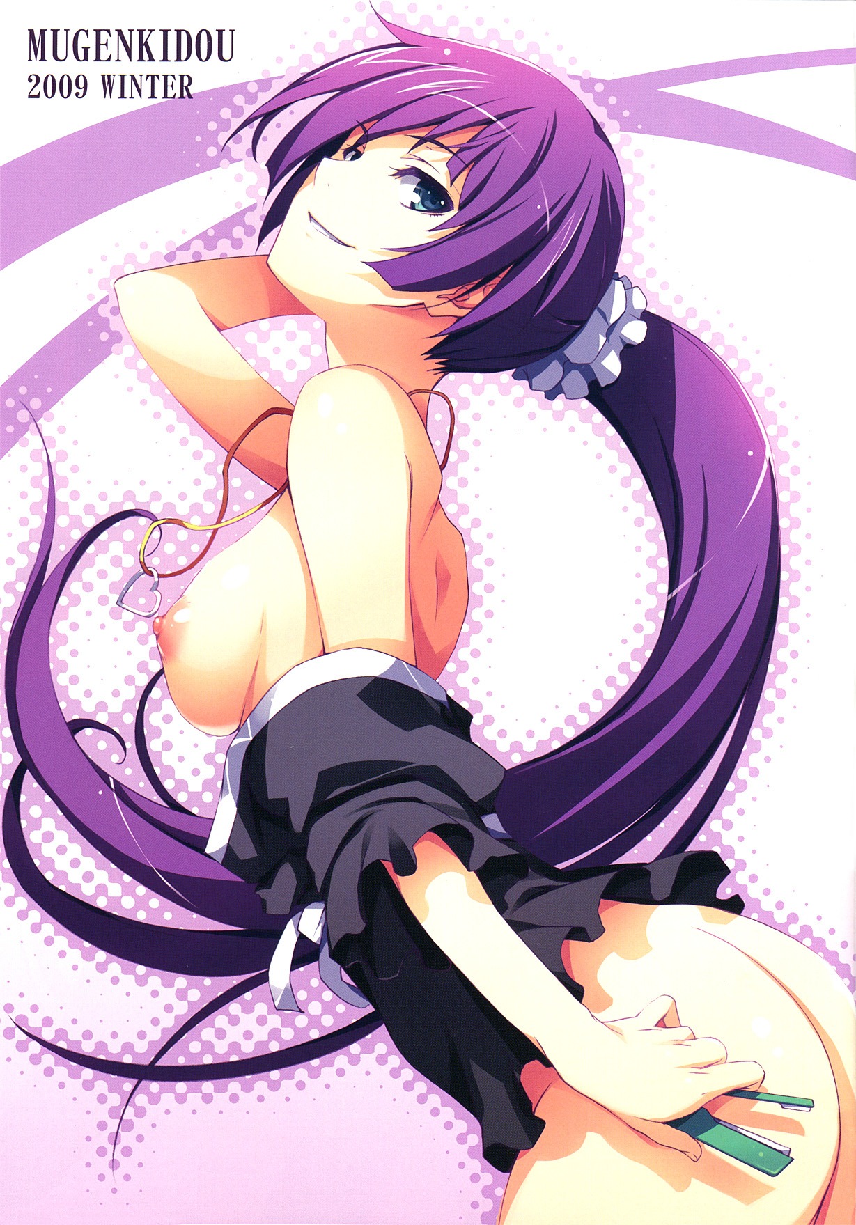 1girls ass bakemonogatari blue_eyes breasts dress female female_only hands highres large_breasts long_hair looking_back monogatari_(series) nipples pink_hair ponytail purple_hair rule34 senjougahara_hitagi smile solo tied_hair tomose_shunsaku