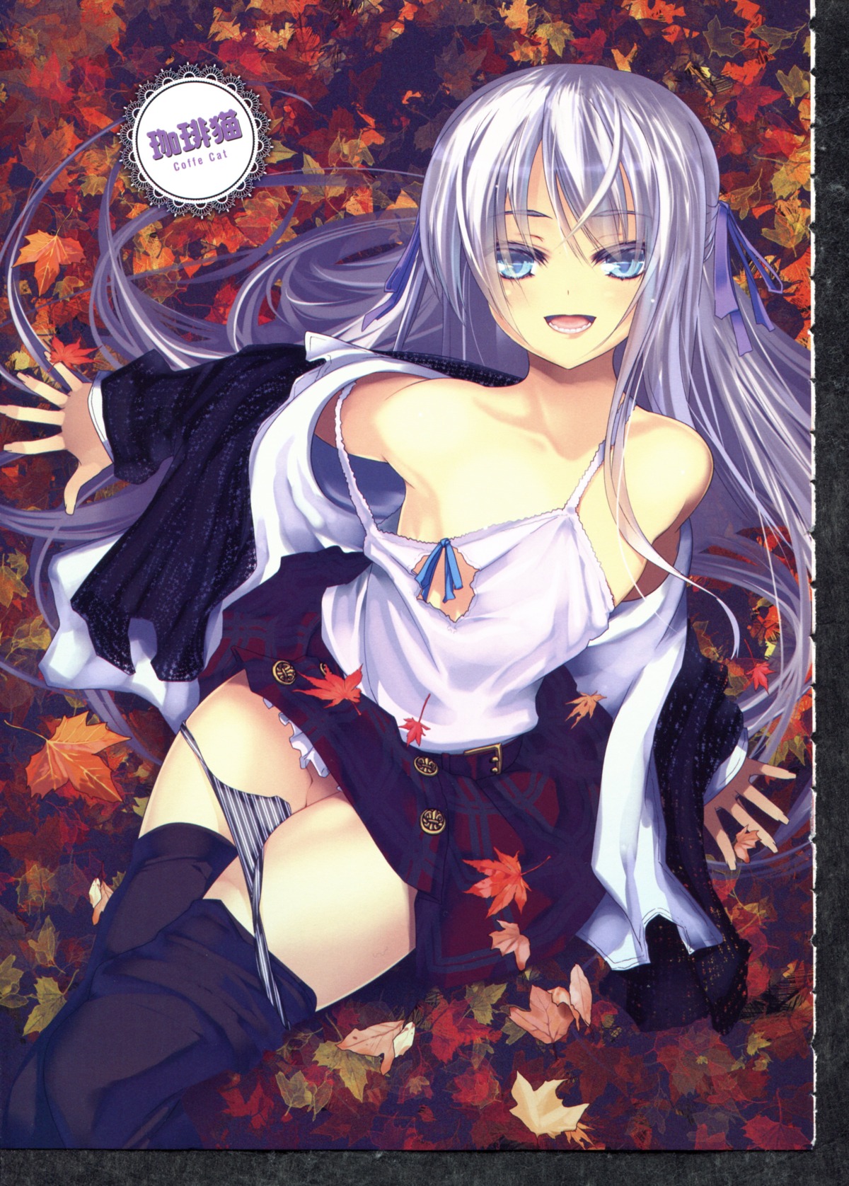 1boy belt blue_eyes hair_ribbon high_resolution leaf little_penis long_hair looking_up male male_only open_mouth oto_nyan panties penis purple_hair ribbon rule34 skirt small_penis solo striped striped_panties thighhighs trap very_long_hair