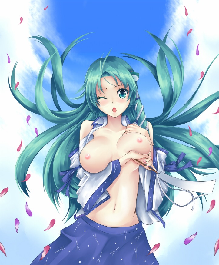 bare_shoulders breast_hold breasts detached_sleeves female female_only frog green_eyes green_hair hair_ornament human kosuke_(bb) large_breasts long_hair navel nipples open_clothes open_shirt petals rule34 sanae_kochiya shirt snake solo touhou wind wink