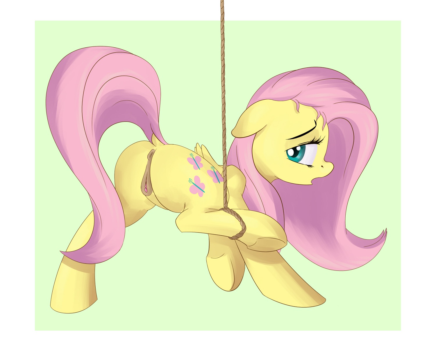 anatomically_correct anatomically_correct_genitalia anatomically_correct_vulva animal_genitalia animal_vulva anus bound butt clitoral_winking clitoris cutie_mark e621 equid equine equine_genitalia equine_vulva feathered_wings feathers female feral floppy_ears fluttershy_(mlp) friendship_is_magic fur genitals hair hasbro hi_res long_hair looking_at_viewer looking_back mammal my_little_pony mythological_creature mythological_equine mythology open_mouth pegasus pink_hair plump_labia postscripting presenting presenting_hindquarters rope simple_background solo submissive submissive_female vulva wings yellow_body yellow_feathers yellow_fur