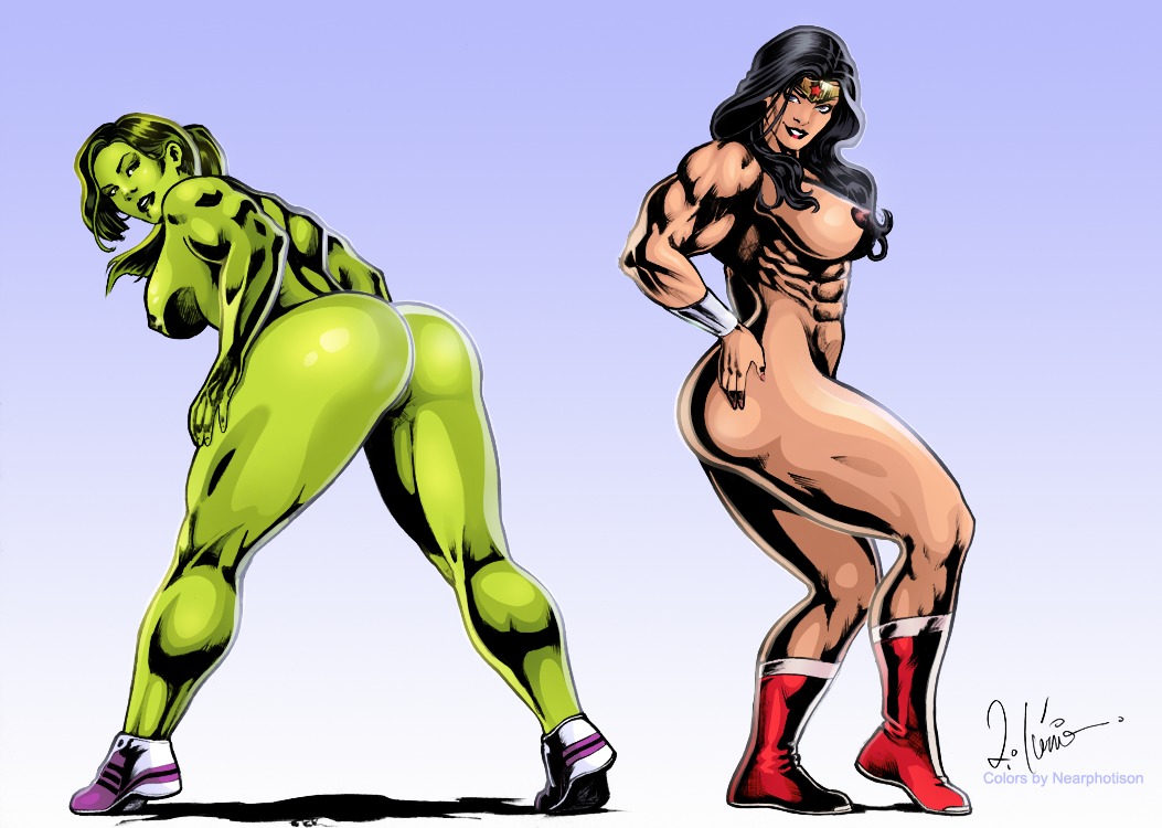 2d 2d_(artwork) 2girls abs anus ass avengers bending_over big_ass big_breasts black_hair blue_eyes boots bracelets breasts crossover dark_hair dc dc_comics duo female female_only footwear green-skinned_female green_body green_hair green_lips green_skin huge_ass hulk_(series) justice_league large_breasts long_hair marvel marvel_comics multiple_girls muscles muscular muscular_female naked naked_female nearphotison nipples ponytail pussy red_lips rule34 she-hulk shoes simple_background smile superheroine tiara tied_hair vagina white_background wonder_woman wonder_woman_(series)