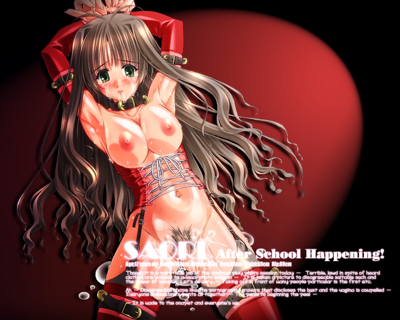 arms_up breasts brown_hair collar copyright_request corset cum elbow_gloves female garter_belt garter_straps gloves green_eyes nipples papaneko pubic_hair pussy pussy_juice rule34 thighhighs