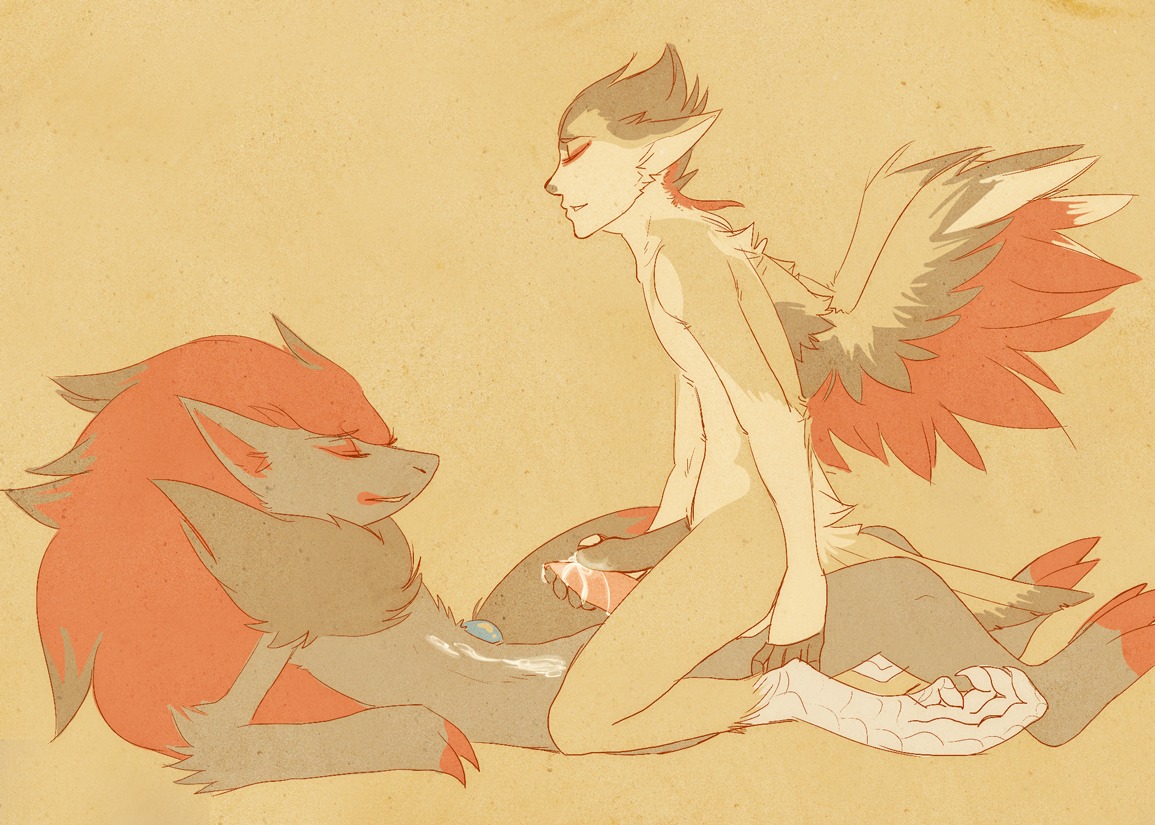 2012 anthro avian big_feet bodily_fluids canid canine cum duo e621 erection eyes_closed feathered_wings feathers feet frottage generation_5_pokemon genital_fluids genitals hair interspecies male male/male mammal nintendo nude orgasm penile penis penises_touching pokemon pokemon_(species) semi-colon sex simple_background unknown_species wings zoroark