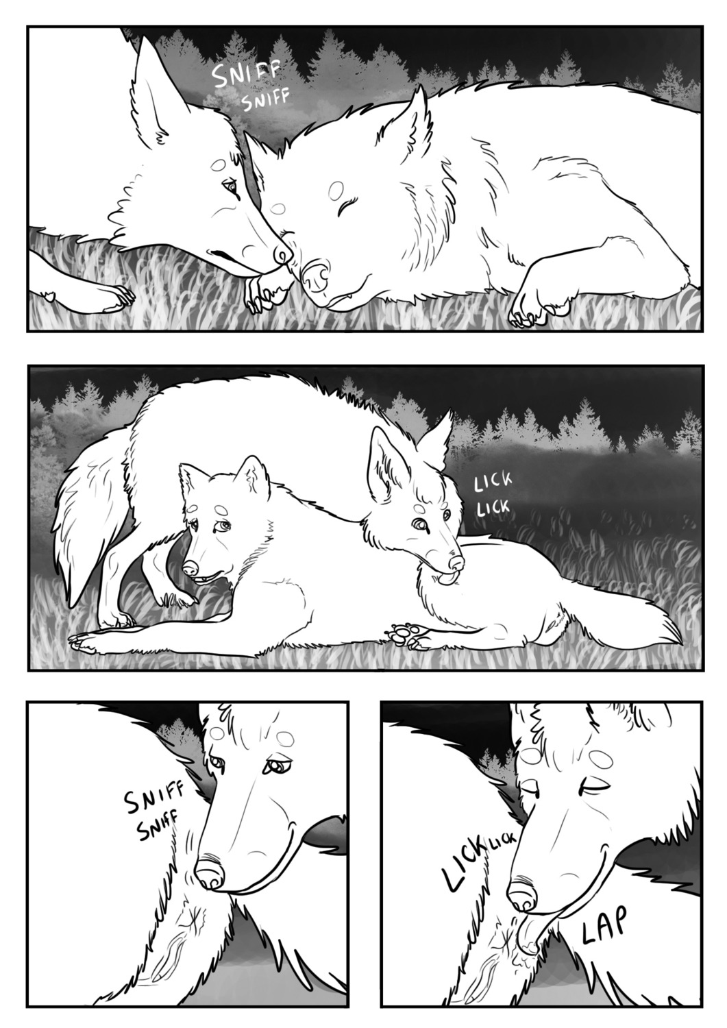 after_transformation anal anus artic1010 bodily_fluids canid canine canis chasing comic detailed_background duo e621 english_text eyes_closed female feral feral_on_feral forest genitals greyscale hi_res licking male mammal monochrome moon nude onomatopoeia outside plant saliva sleeping smile sound_effects text tongue tongue_out tree vulva wolf