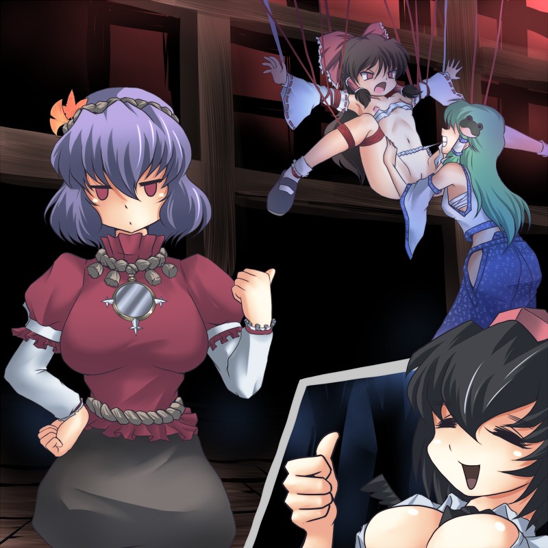 =_= black_hair black_wings bobby_socks bondage bow breasts brown_hair cleavage detached_sleeves female femdom femsub flat_gaze frog green_hair hair_tubes hairbow hand_on_hip hat human kanako_yasaka large_breasts leaf leaf_on_head long_hair maple_leaf midriff mirror multiple_females multiple_girls navel nipples purple_hair pussy red_eyes reimu_hakurei ribbon rule34 sanae_kochiya sarashi shameimaru_aya socks thumbs_up tokin_hat touhou wancozow wings yuri