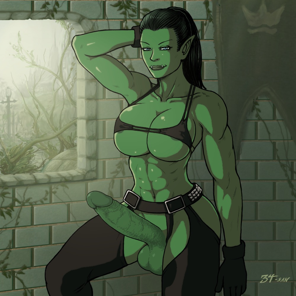 1:1 34san balls big_balls big_breasts big_penis black_clothing black_gloves black_hair black_handwear blizzard_entertainment blue_eyes bra breasts clothing darkened_balls darkened_genitalia darkened_glans darkened_penis e621 erection genitals gloves green_body green_skin gynomorph hair handwear humanoid intersex looking_at_viewer not_furry orc penis solo underwear warcraft
