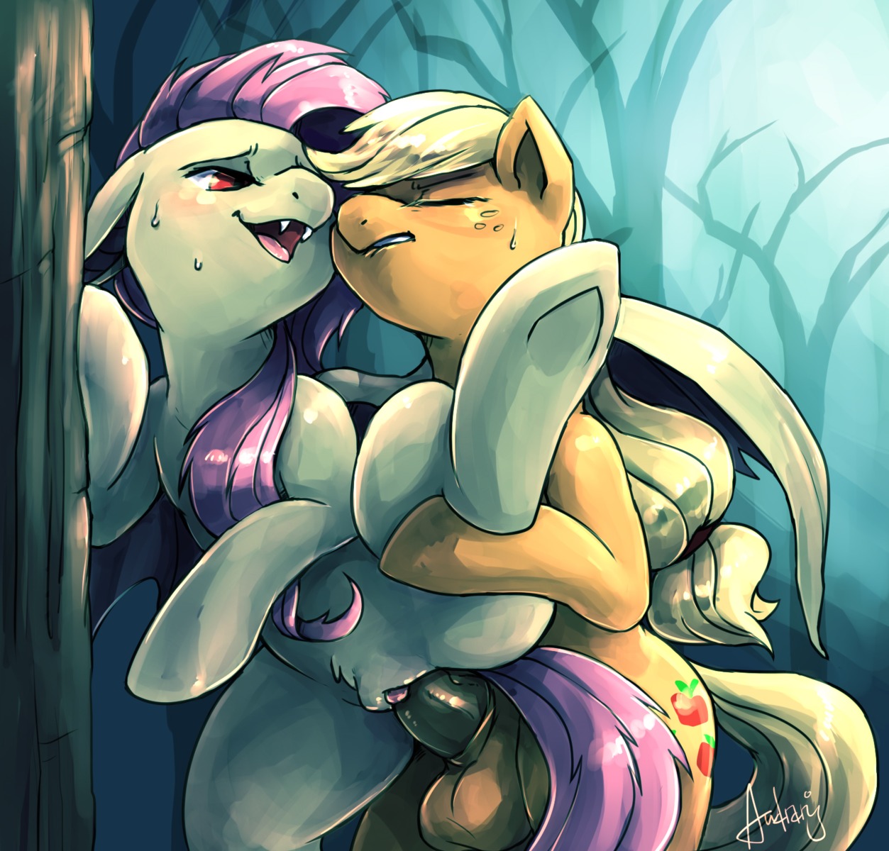 2014 applejack_(mlp) audrarius balls bat_pony blonde_hair blush bodily_fluids clitoris cutie_mark digital_media_(artwork) duo e621 earth_pony equid equine erection eyes_closed fangs female female_penetrated feral flutterbat_(mlp) fluttershy_(mlp) freckles friendship_is_magic fur genitals gynomorph gynomorph/female gynomorph_penetrating gynomorph_penetrating_female hair hasbro hi_res horse hybrid intersex intersex/female intersex_penetrating intersex_penetrating_female long_hair mammal membrane_(anatomy) membranous_wings my_little_pony nude open_mouth orange_body orange_fur outside penetration penile penile_penetration penis penis_in_vagina pink_hair pony red_eyes sex simple_background sweat teeth vaginal vaginal_penetration vulva wings yellow_body yellow_fur