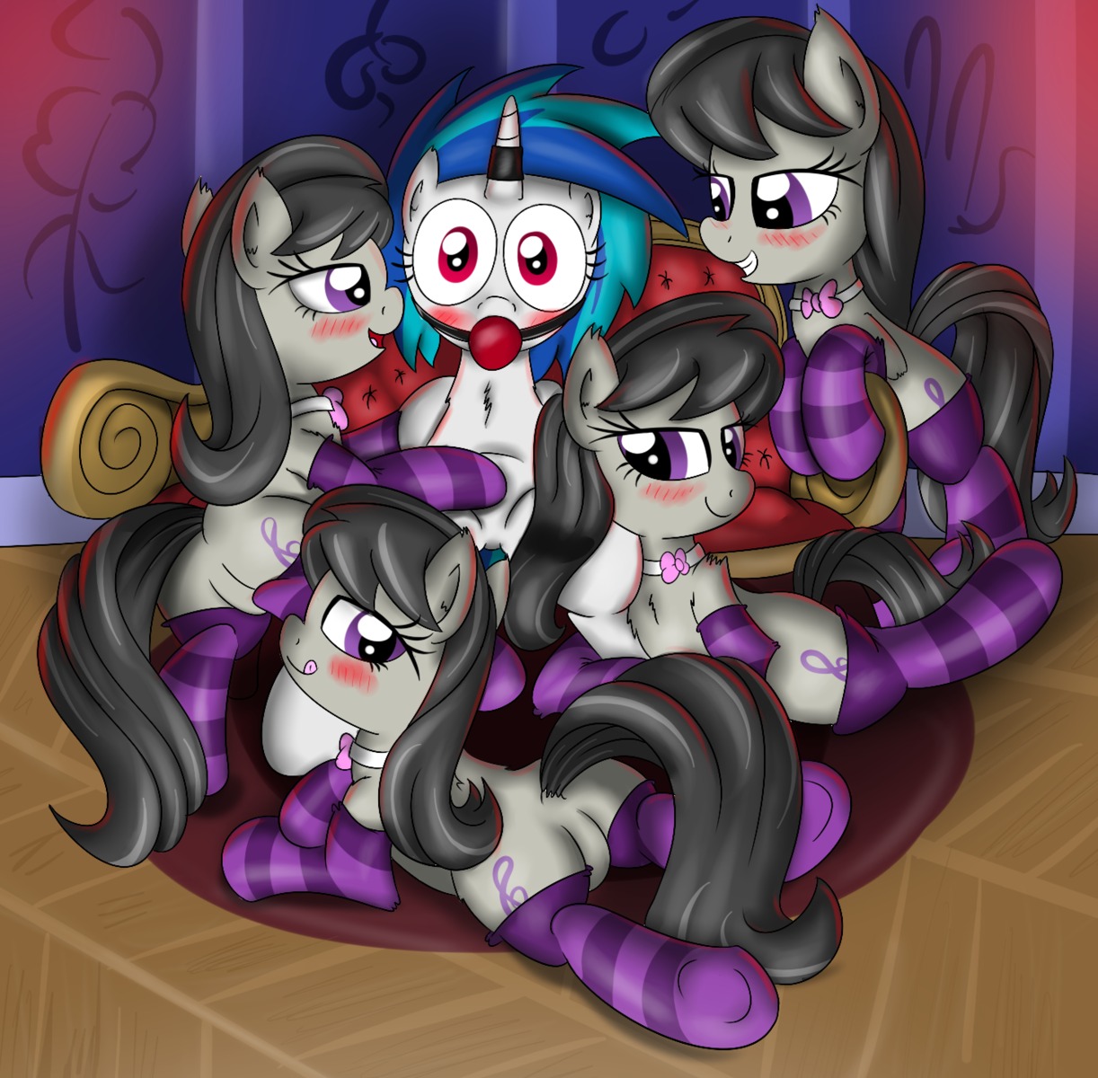 2013 accessory ball_gag black_hair blue_hair blush clothing cutie_mark e621 earth_pony equid equine female feral footwear friendship_is_magic fur furniture gag gagged grey_body grey_fur group hair hasbro hi_res horn horse legwear licking licking_lips mammal multicolored_hair my_little_pony mythological_creature mythological_equine mythology necktie octavia_(mlp) pony purple_eyes quadruped red_eyes self_lick socks sofa square_crossover tail tongue tongue_out two_tone_hair unicorn vinyl_scratch_(mlp) white_body white_fur ziemniax