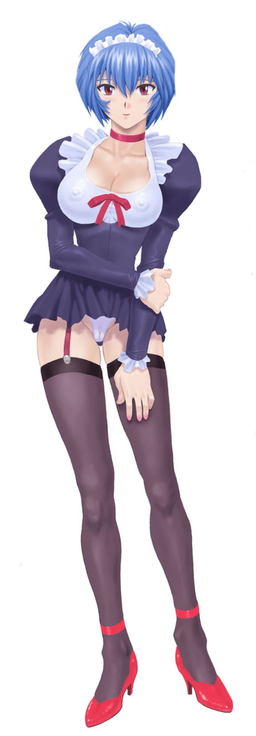 1girls blue_hair blush breasts choker cleavage clothing erect_nipples erect_nipples_under_clothes female large_breasts looking_at_viewer maid mogudan neon_genesis_evangelion nipples panties red_eyes rei_ayanami rule34 short_hair stockings tagme uniform