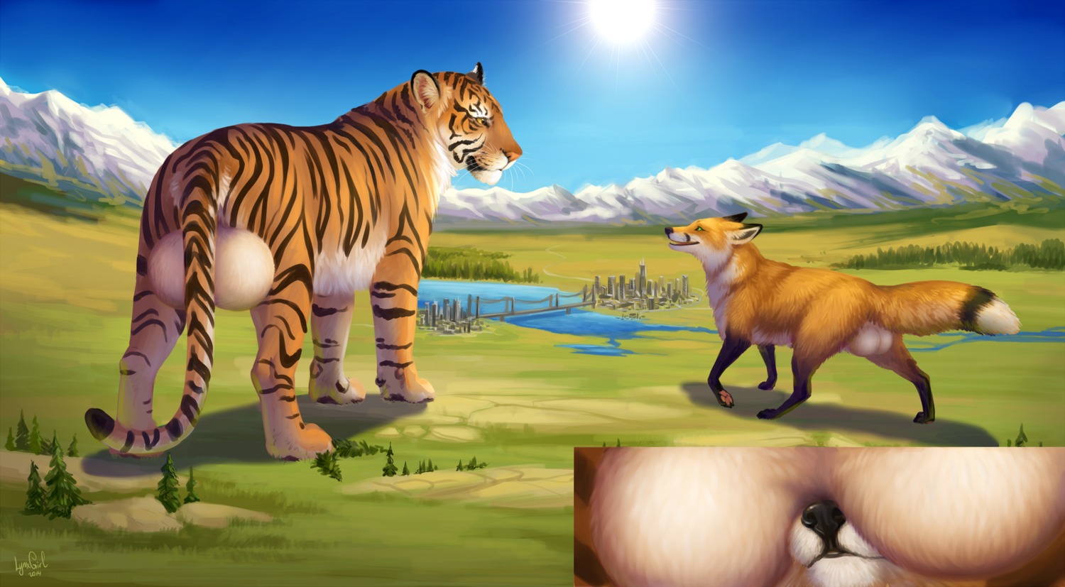2014 4_fingers backsack balls big_balls black_body black_fur black_lips black_nose black_stripes canid canine city cityscape day detailed_background digital_media_(artwork) digital_painting_(artwork) digitigrade duo e621 ears_back feet felid feral fingers fisheye_lens forest fox fur genitals green_eyes hi_res hindpaw huge_balls inner_ear_fluff landscape leg_markings light lips long_mouth macro male male/male mammal markings meme mountain no_sclera nude open_mouth orange_body orange_fur outside painting_(artwork) pantherine pawpads paws pivoted_ears plant quadruped reallynxgirl shadow sky snout socks_(marking) standing stripes sun sunlight tea_bagging these_aren't_my_glasses tiger tree tuft walking whiskers white_body white_fur yellow_eyes