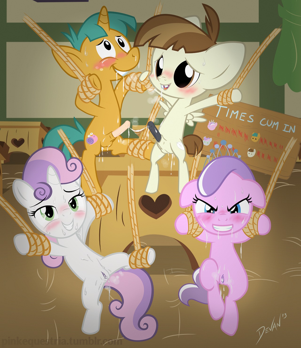 2013 after_sex balls blue_eyes blush bodily_fluids brown_eyes crown cum cum_in_ass cum_in_vagina cum_inside cum_string cutie_mark devanstar diamond_tiara_(mlp) e621 earth_pony equid equine erection feathered_wings feathers featherweight_(mlp) female feral freckles friendship_is_magic genital_fluids genitals green_eyes group hair hasbro headgear hi_res horn horse inside looking_at_viewer male mammal multicolored_hair my_little_pony mythological_creature mythological_equine mythology pegasus penis pony public public_use smile snails_(mlp) suspension sweat sweetie_belle_(mlp) tail tally_marks text tiara two_tone_hair unicorn vulva western_tally_marks wings young young_feral
