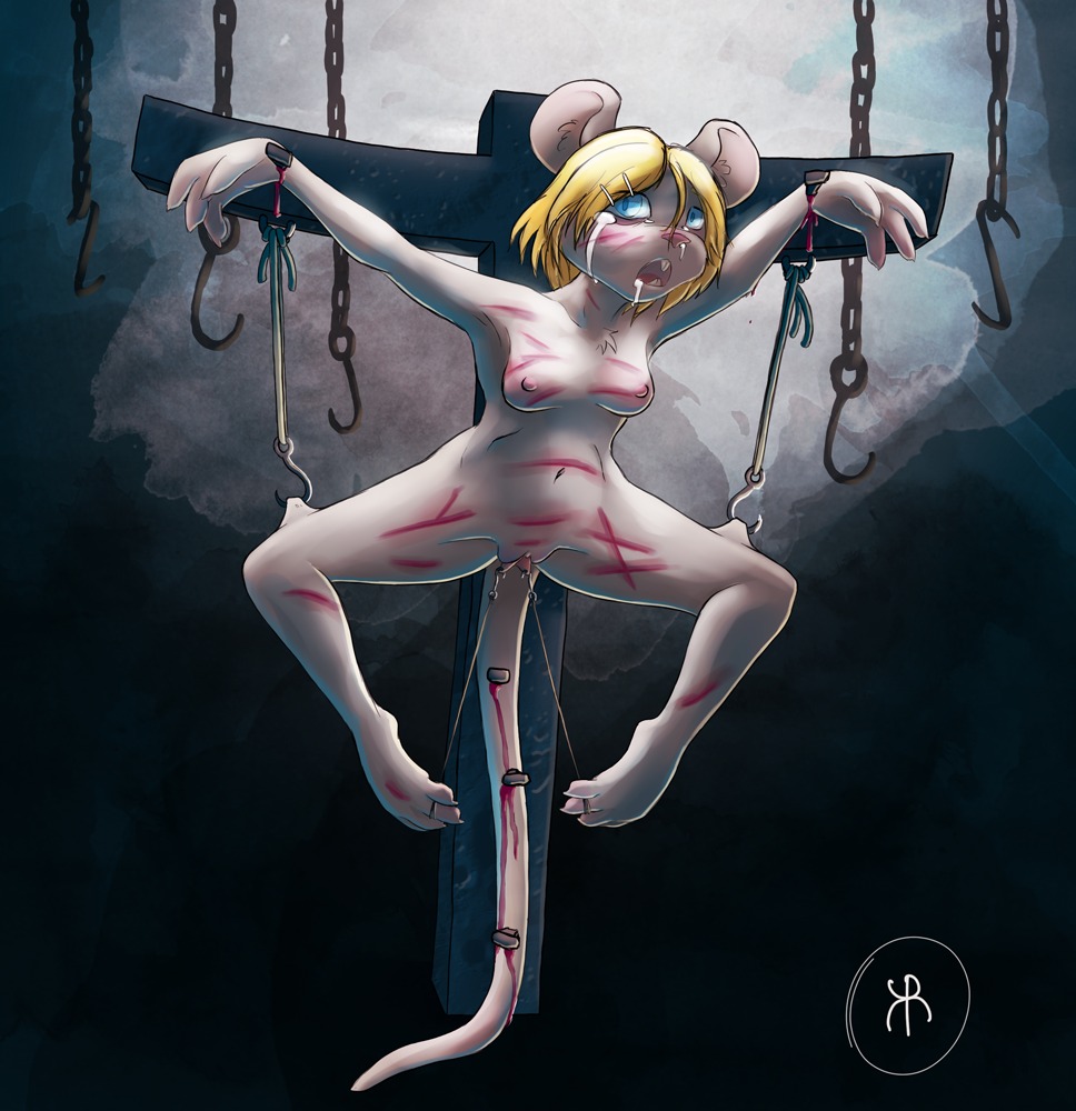 anthro bdsm blood blue_eyes bodily_fluids bondage bound breasts buckteeth chain cross crucifixion crying digital_media_(artwork) e621 female genitals gore gore_focus kailys mammal masochism meat_hook mouse murid murine nailed nipples nude open_mouth pain peril piercing predicament_bondage restrained rodent sadism scared solo tears teeth tongue torture vulva whip_mark wounded