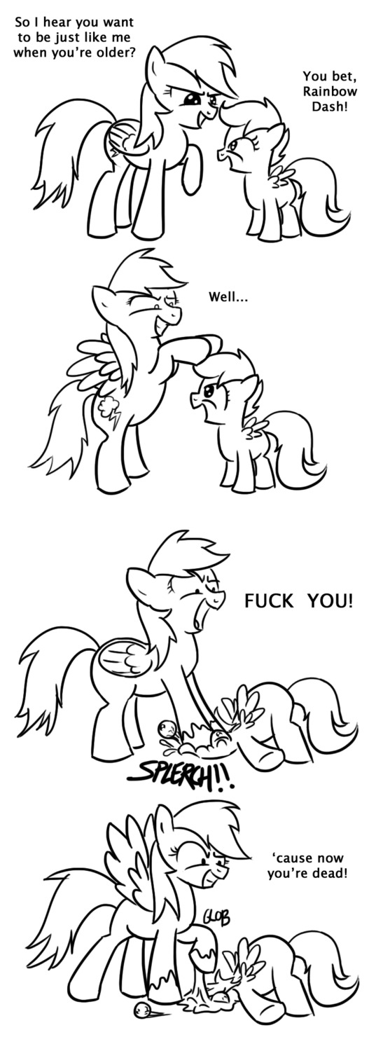abuse black_and_white child_murder comic death duo e621 english_text equid equine eyeball feathered_wings feathers female feral friendship_is_magic gore hasbro hi_res killing line_art mammal monochrome my_little_pony mythological_creature mythological_equine mythology nightmare_fuel pegasus profanity quadruped rainbow_dash_(mlp) scootaloo_(mlp) shoutingisfun simple_background tail text white_background why wings young young_feral