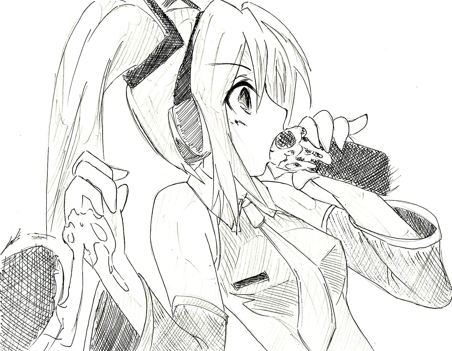 1girl bare_shoulders detached_sleeves eating female food greyscale hair_ornament hatsune_miku headphones headset holding holding_food holding_microphone long_hair microphone monochrome necktie rule34 shirt sleeveless sleeveless_shirt solo tagme twintails upper_body very_long_hair vocaloid