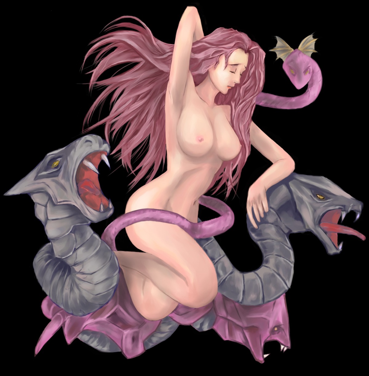 breasts brown_hair closed_eyes fangs female final_fantasy final_fantasy_five full_length furubokko highres long_hair melusine melusine_(final_fantasy_v) monster monster_girl nipples nude rule34 snake solo