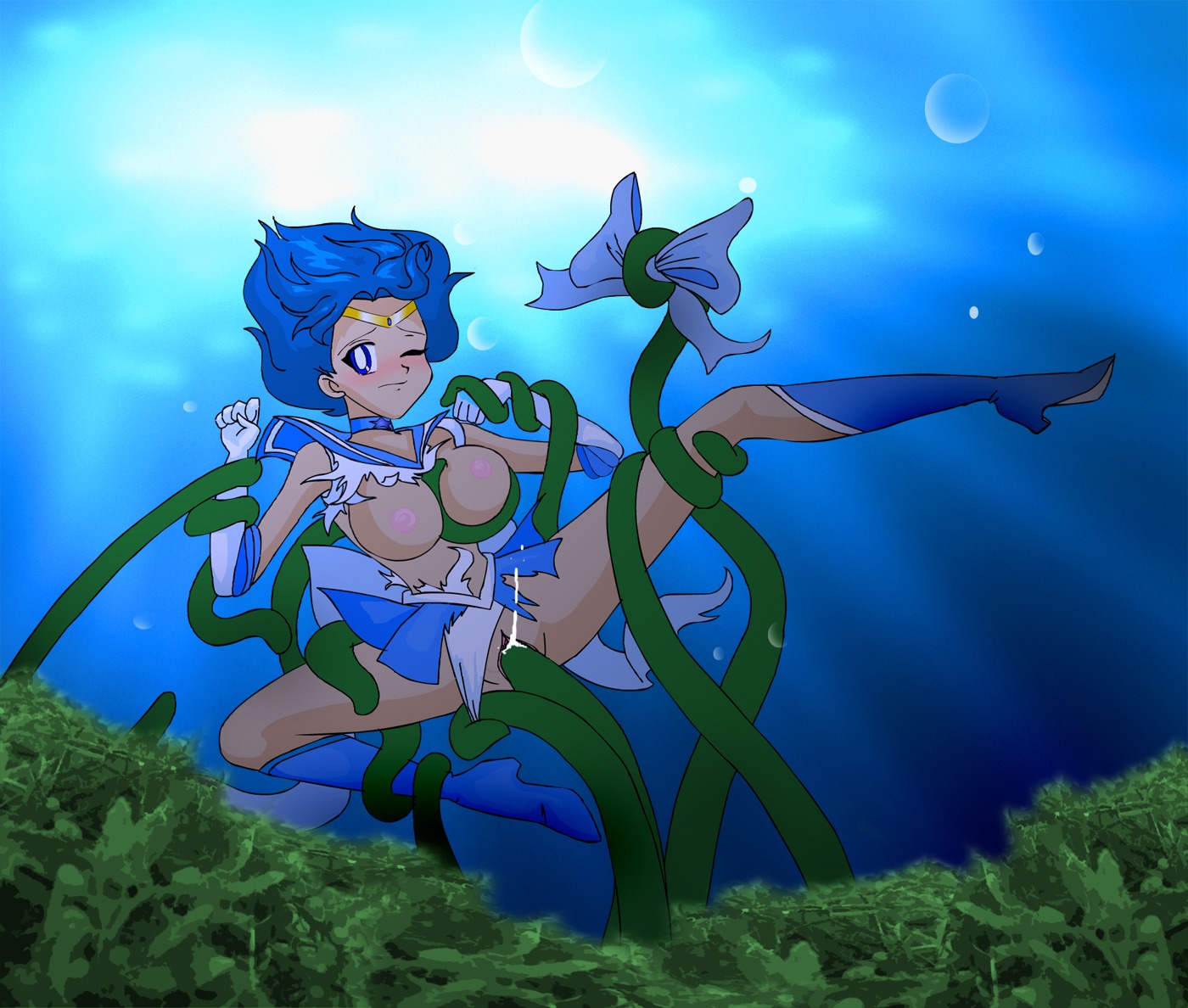 ami_mizuno artist_request bishoujo_senshi_sailor_moon breasts clothing female medium_breasts nipples one_eye_closed pussy rule34 sailor_mercury skirt tagme tentacle uncensored vaginal_penetration water