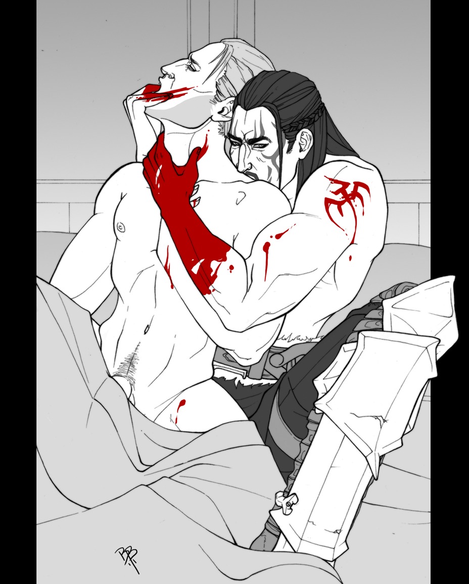 anal anders_(dragon_age) black_hair blood dragon_age dragon_age_2 gay hawke male male_only rule34 tattoo