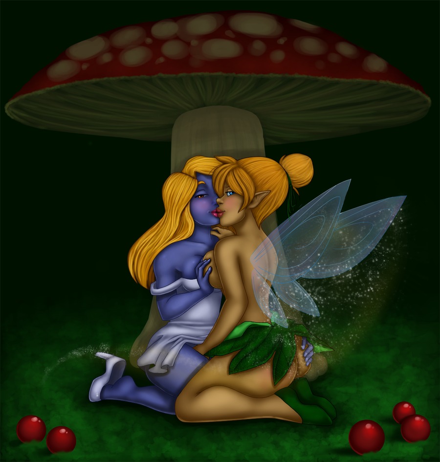 2girls alternate_breast_size ass ass_grab blonde-haired_female blonde_hair blue-eyed_female blue_eyes blue_skin braless breast_grab breast_press breasts brown-eyed_female brown_eyes crossover disney disney_fairies fairy fairy_wings female female_only grass green_grass high_heels interspecies kneeling leaf_skirt lesbian_kiss light-skinned_female lipstick long_blonde_hair long_hair looking_at_viewer looking_back looking_back_at_viewer multiple_females multiple_girls mushroom nature peter_pan_(disney) png public_topless questionable rule34 shirtless short-haired_female short_hair smurf smurfette the_smurfs tinker_bell topless topless_female wings yuri