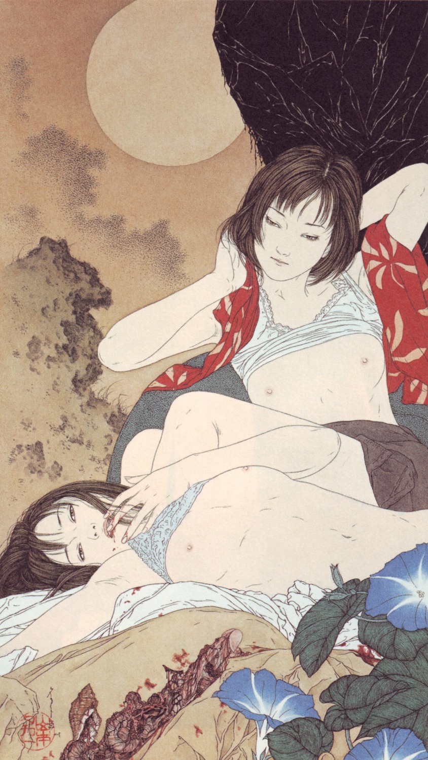 2girls blood breasts brown_eyes brown_hair female female_only fine_art gore guro light-skinned_female light_skin looking_at_viewer multiple_females multiple_girls rule34 small_breasts straight_hair yamamoto_takato yuri