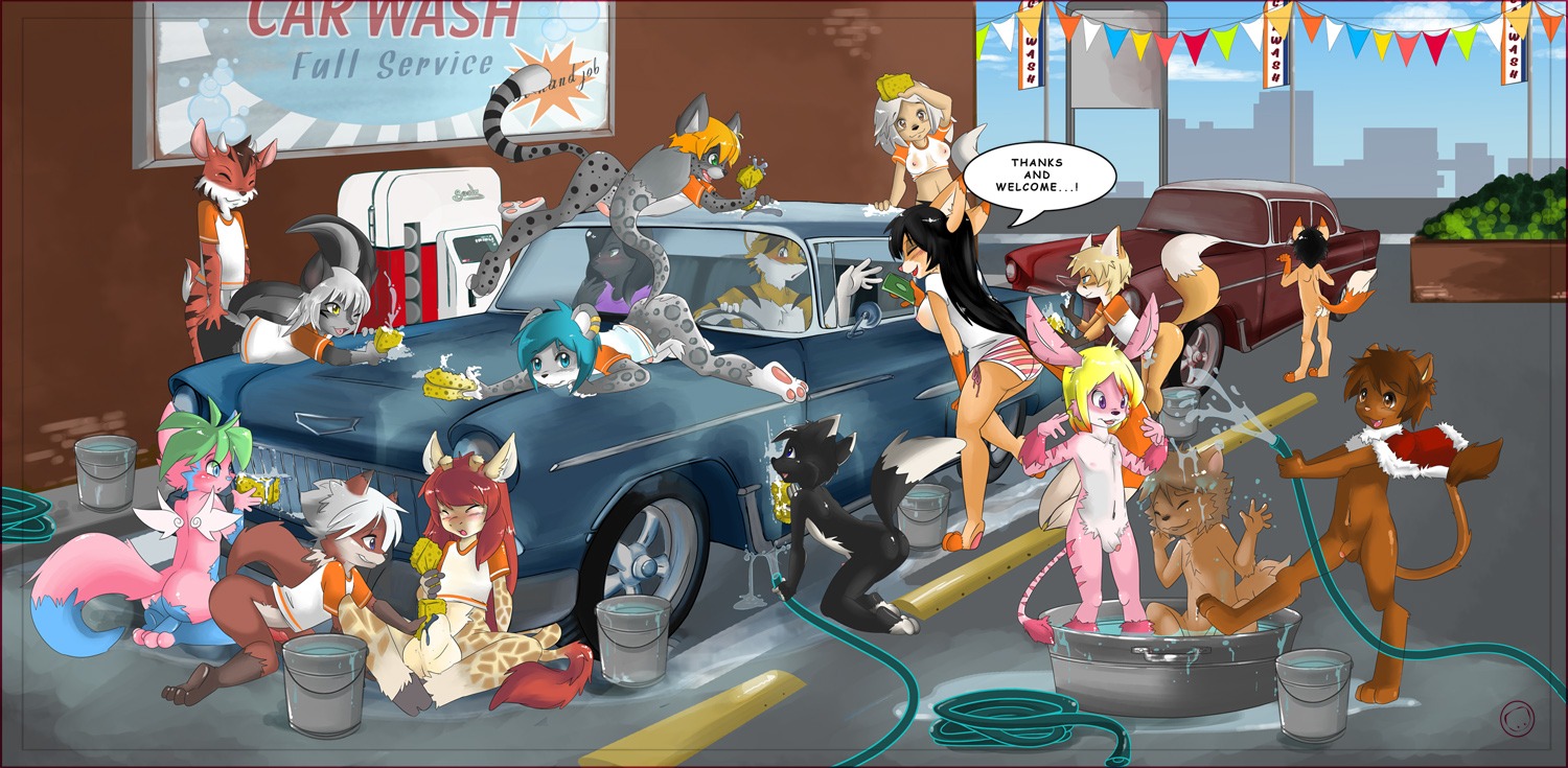 aixen_(character) ambiguous_gender anthro bottomless breasts butt canid canine car car_wash clothed clothing digital_media_(artwork) e621 erection feet felid female flaccid fox genitals giraffe giraffid group group_sex harumi harumi_(harumi) hushoo inside_car inside_vehicle leon_(montez) male male/male mammal nipples nude penis sex toeless_(marking) vehicle wet young young_anthro