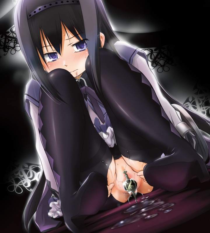 akemi_homura black_hair blush boots censored convenient_censoring drooling dutch_angle female grief_seed hairband long_hair mahou_shoujo_madoka_magica no_panties pantyhose purple_eyes pussy pussy_juice pussy_juice_drip pussy_juice_puddle pussy_juice_stain rule34 sitting solo spread_pussy torn_pantyhose wancho