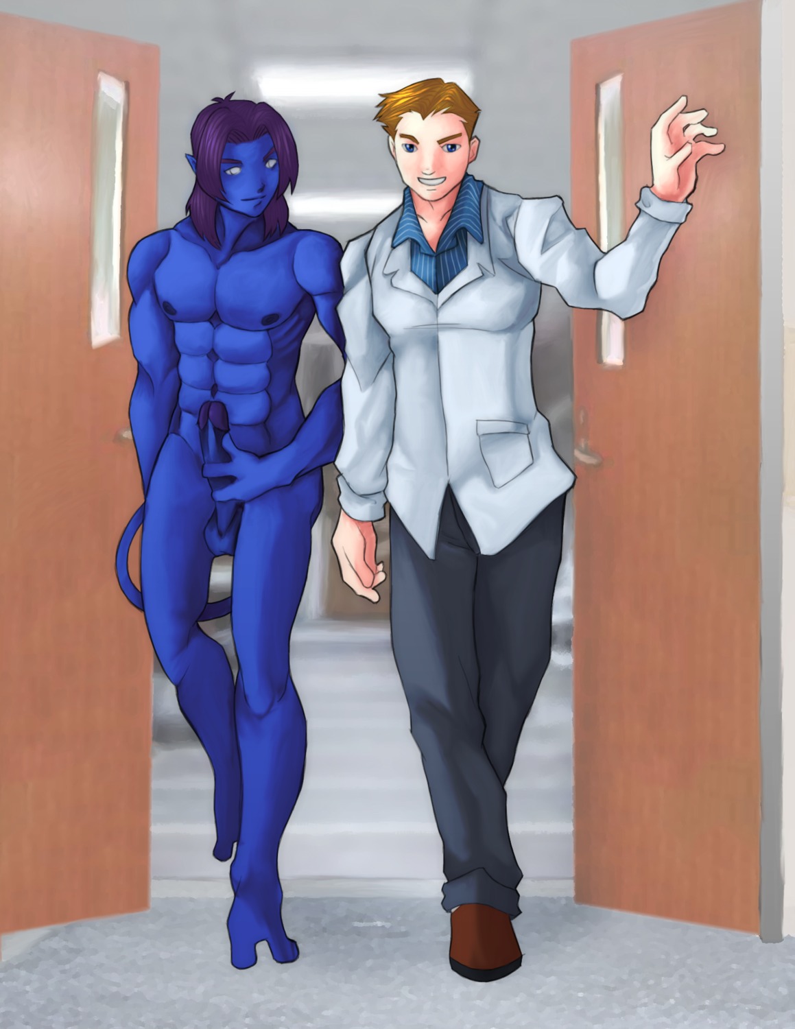 2_toes 3_fingers 5_fingers abs balls big_penis biped blue_body blue_eyes blue_nipples blue_penis blue_skin brown_eyebrows brown_hair casual_erection casual_masturbation clothed clothed/nude clothed_human clothed_male clothing darian821 doctor door duo e621 erection eyebrows feet fingers front_view fully_clothed fully_clothed_human fully_clothed_male genitals glans grin hair hi_res hospital human humanoid humanoid_pointy_ears indoor_nudity light_body light_skin looking_at_another male male_human male_humanoid mammal marvel masturbation mouth_closed muscular muscular_humanoid muscular_male mutant_(x-men) nightcrawler nipples not_furry nude nude_humanoid nude_male only_one_nude patient penile penile_masturbation penis pointy_ears public public_erection public_masturbation public_nudity purple_eyebrows purple_glans purple_hair smile tail tailed_humanoid toes walking white_eyes white_sclera x-men x-men_evolution