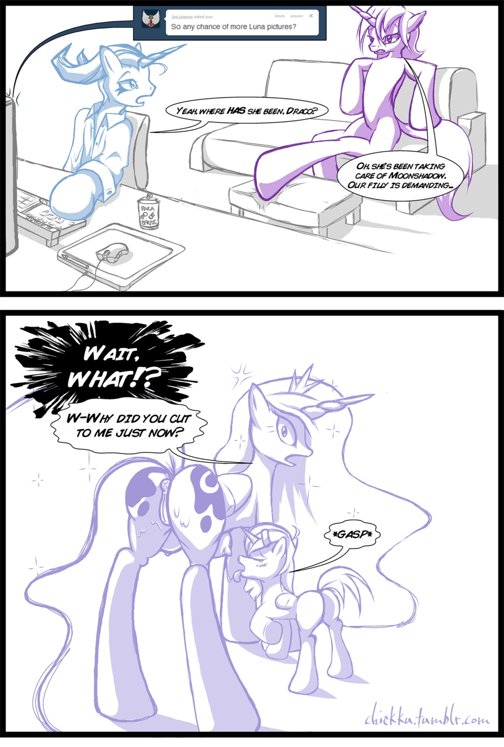 anthro anthrofied anus bodily_fluids chiekku comic cutie_mark dialogue e621 english_text equid equine female feral feral_on_feral friendship_is_magic genitals group hasbro hi_res horn lactating male mammal monochrome my_little_pony mythological_creature mythological_equine mythology princess_luna_(mlp) quadruped size_difference suckling_teats tail teats text tumblr unicorn vulva winged_unicorn wings