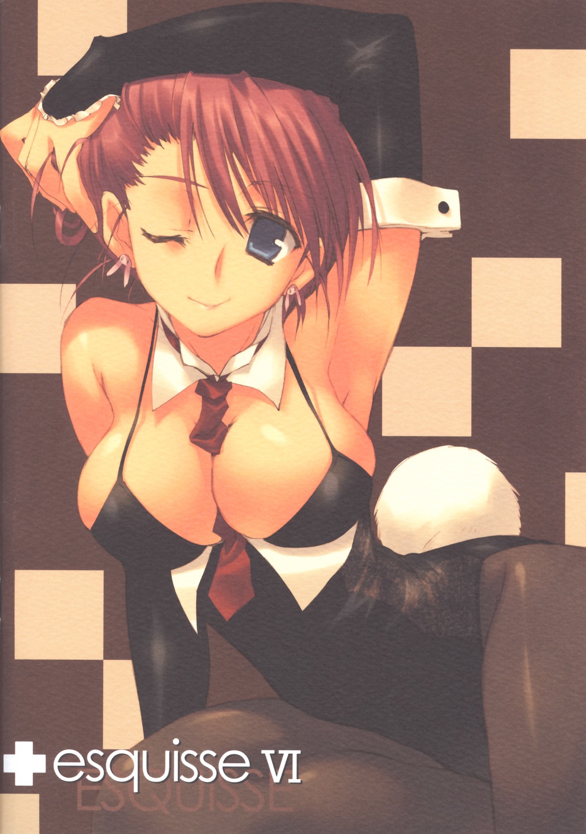 amaduyu_tatsuki amazuyu_tatsuki animal_ear blue_eyes breasts bunny_ear bunny_girl bunnysuit cleavage cosplay esquisse_ⅵ female highres huge_breasts necktie pantyhose red_hair rule34 tail usamimi