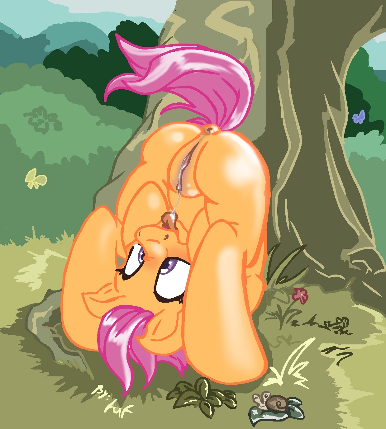 2013 anus ass_up blush bodily_fluids e621 equid equine female feral friendship_is_magic fuf fur gastropod genital_fluids genitals hair hasbro hi_res horse mammal mollusk my_little_pony one_eye_closed orange_body orange_fur outside plant pony purple_eyes purple_hair quadruped scootaloo_(mlp) snail solo tongue tongue_out tree upside_down vaginal_fluids vulva wink young young_feral
