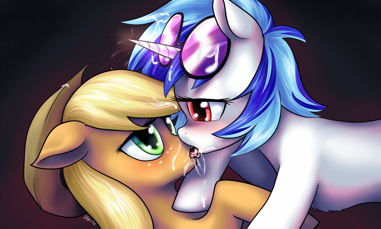 5:3 7-nights 7nights ambiguous_fluids applejack_(mlp) blush bodily_fluids cum cum_kiss duo e621 earth_pony equid equine eye_contact eyewear female female/female feral french_kissing friendship_is_magic genital_fluids glowing hasbro horn horse kissing looking_at_another magic mammal messy my_little_pony mythological_creature mythological_equine mythology pony snowballing sunglasses unicorn vinyl_scratch_(mlp)