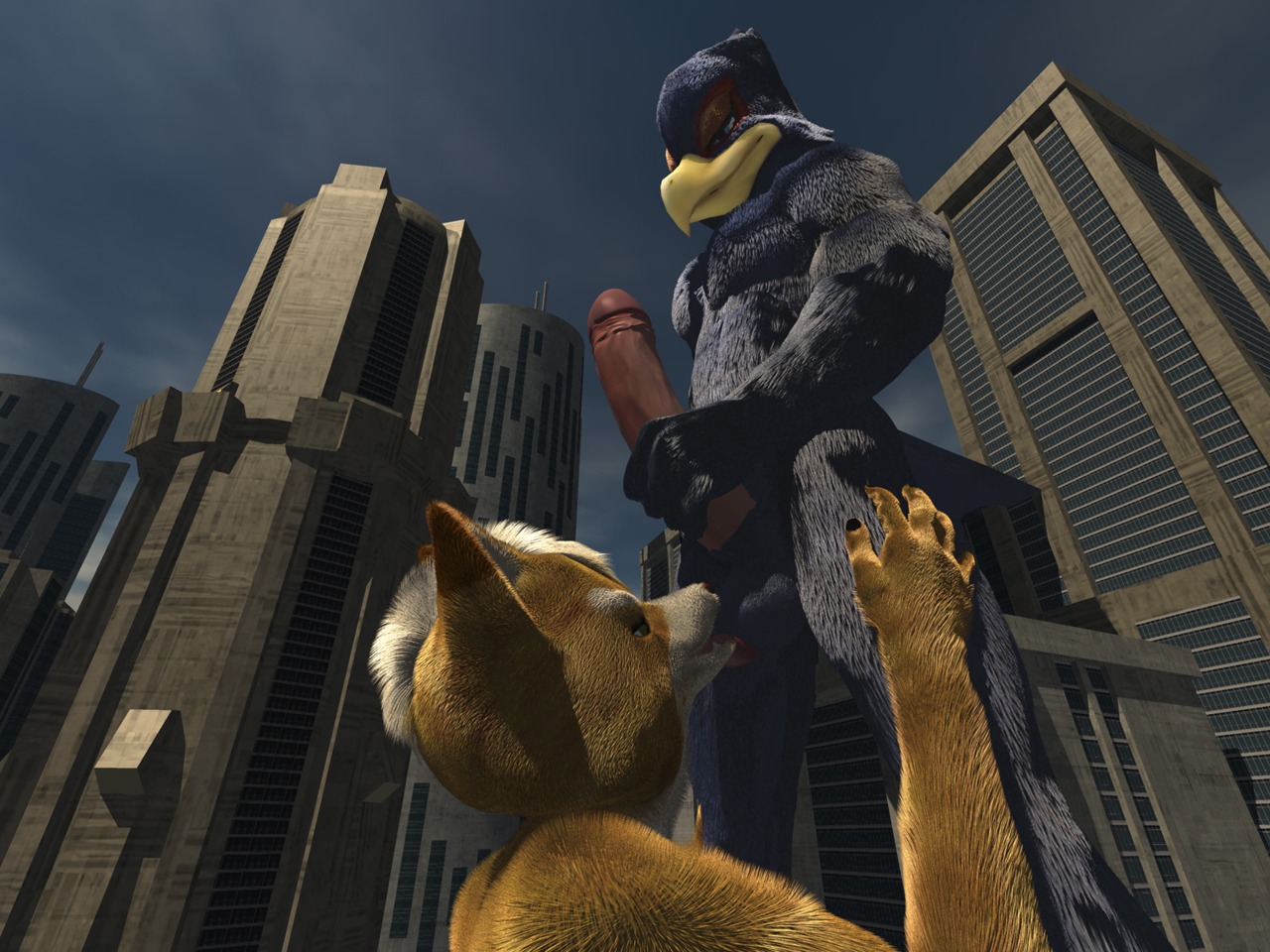 3d_(artwork) 4:3 abs animal_genitalia anthro avian ball_lick balls beak bent_arm biceps big_penis biped bird blue_body blue_eyes blue_feathers brown_body brown_fur canid canine digital_media_(artwork) duo e621 erection falco_lombardi fangs feathers fellatio fox fox_mccloud fur genitals green_eyes hair hand_on_leg hand_on_own_penis hand_on_penis hand_on_thigh holding_penis humanoid_genitalia humanoid_penis imago interspecies kneeling leg_grab licking looking_at_another looking_at_partner macro macro_on_macro male male/male male_penetrated male_penetrating male_penetrating_male mammal mismatched_genitalia mismatched_humanoid_penis mismatched_penis muscular nintendo nude oral pecs penetration penile penis raised_hand sex sheath standing star_fox straight_legs teeth thigh_grab tongue tongue_out white_body white_fur white_hair