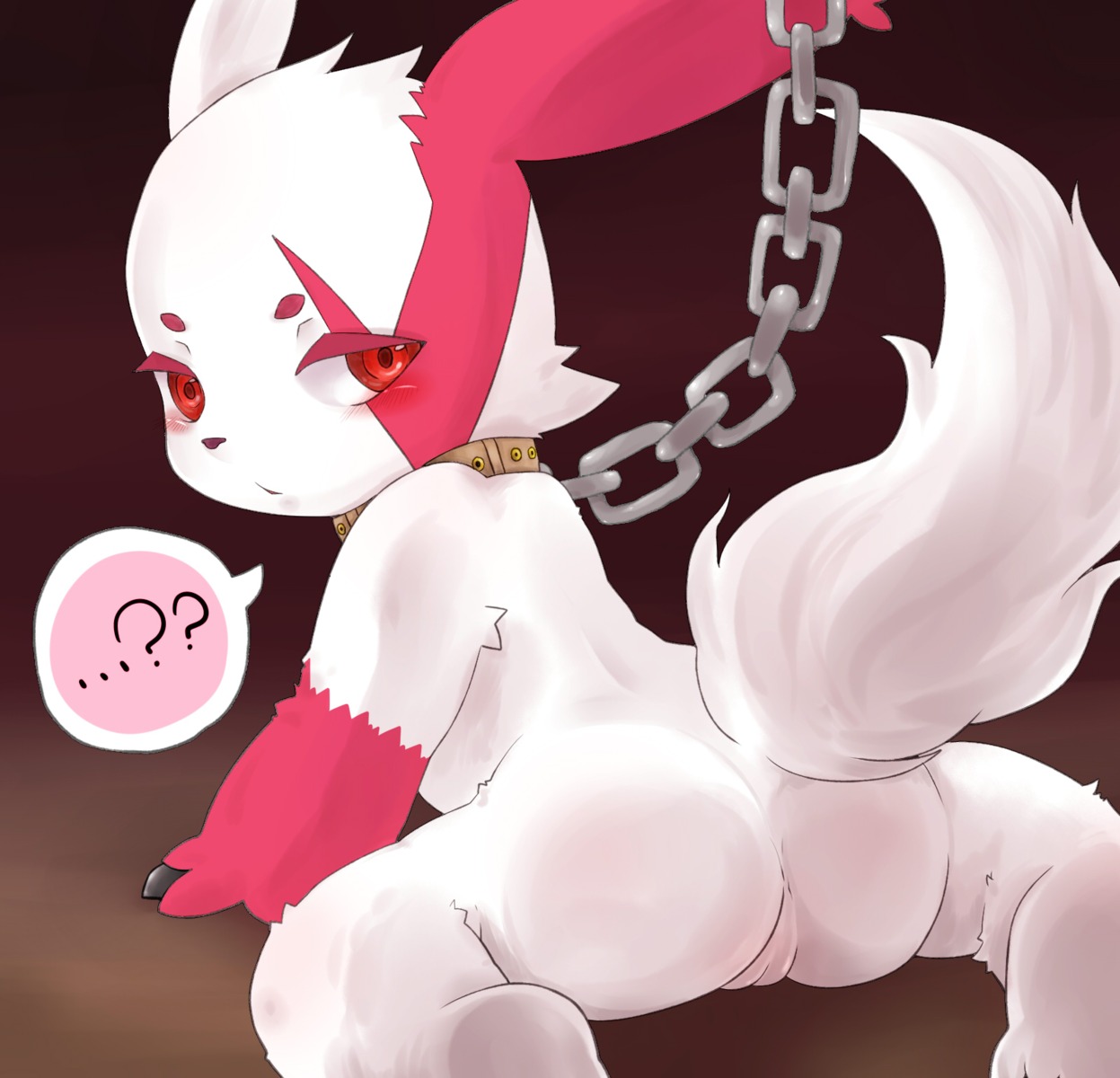 anthro chain collar e621 female fur generation_3_pokemon genitals hi_res ino looking_at_viewer markings nintendo pokemon pokemon_(species) red_markings solo tail vulva white_body white_fur young young_anthro young_female zangoose