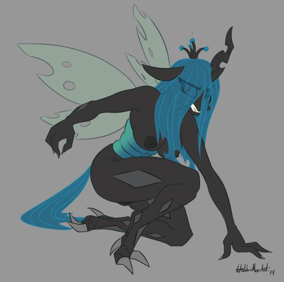 2014 anthro anthrofied arthropod biped breasts changeling_(mlp) claws crown e621 fangs female friendship_is_magic genitals green_hair hair hasbro headgear hi_res hobbsmeerkat horn insect_wings kneeling long_hair looking_at_viewer my_little_pony nipples queen_chrysalis_(mlp) simple_background solo teeth vulva wings