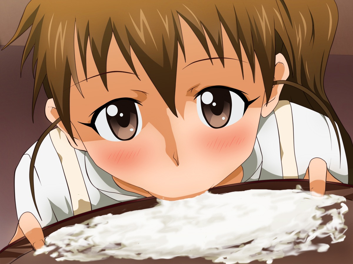 blush brown_eyes brown_hair cum cum_in_container drinking female female_only human rule34 solo taneshima_popura tray working!!