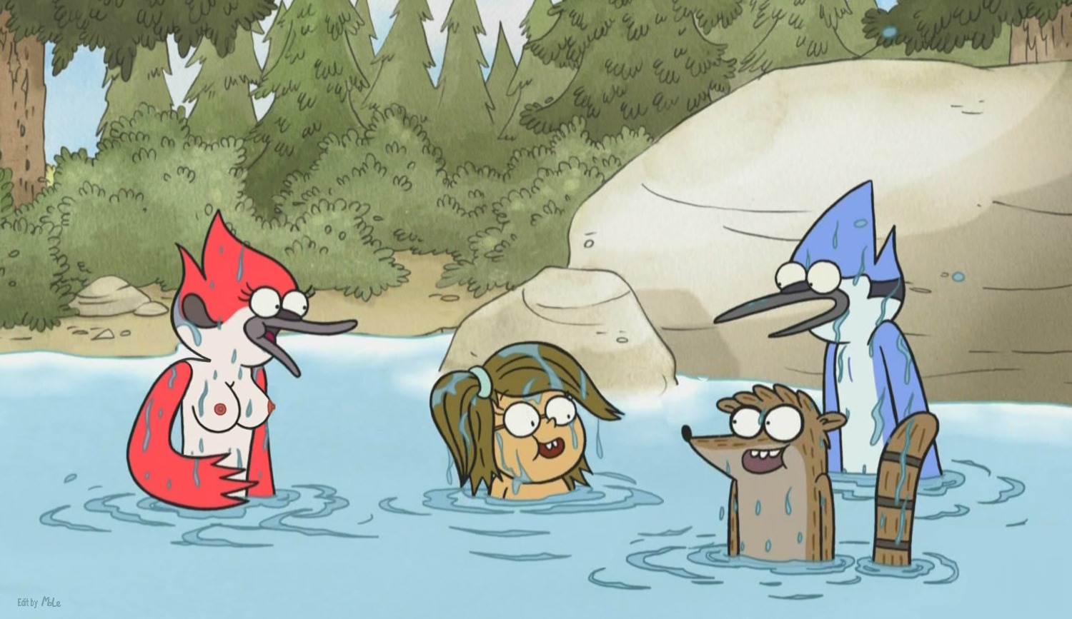 accurate_art_style anthro cartoon_network eileen_roberts female male margaret_smith_(regular_show) mole mole_(animal) mole_(artist) mordecai_(regular_show) regular_show rigby_(regular_show) rule34 screenshot_edit skinny_dipping