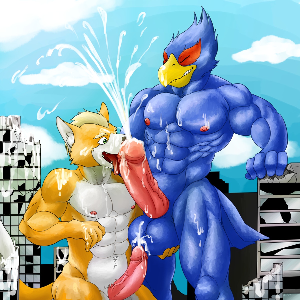 1:1 abs animal_genitalia anthro athletic avian ball_fondling balls beak biceps big_muscles big_penis bird blue_body blue_feathers bodily_fluids brown_body brown_fur canid canine cum cum_on_arm cum_on_balls cum_on_belly cum_on_body cum_on_chest cum_on_face cum_on_leg cum_on_nipples cum_on_penis cumshot dd159 duo e621 ejaculation erection falco_lombardi fangs feathers fondling fox fox_mccloud fur genital_fluids genitals hi_res humanoid_genitalia humanoid_penis interspecies licking macro male male/male male_penetrated male_penetrating male_penetrating_male mammal muscular muscular_male nintendo nipples non-mammal_balls non-mammal_nipples nude open_mouth oral orgasm pecs penetration penile penis penis_lick sex sheath star_fox tan_body tan_fur teeth tongue tongue_out vein white_body white_fur